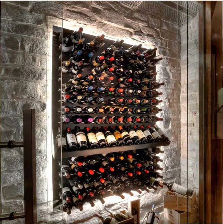 Glass Wine Display Denver with Wine Cellar Cooling Backlit Lighting and Brick